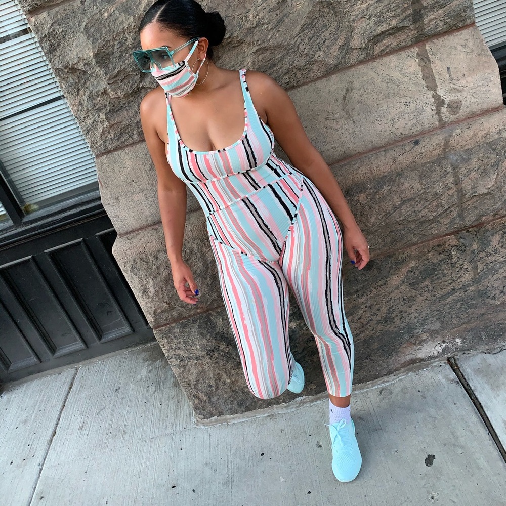 Mask on stripe jumpsuit with mask set